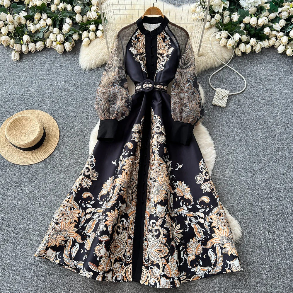Vintage Lantern Sleeve Floral Dress – Summer Mandarin Collar Tie-Waist A-Line Maxi, Graceful Shift