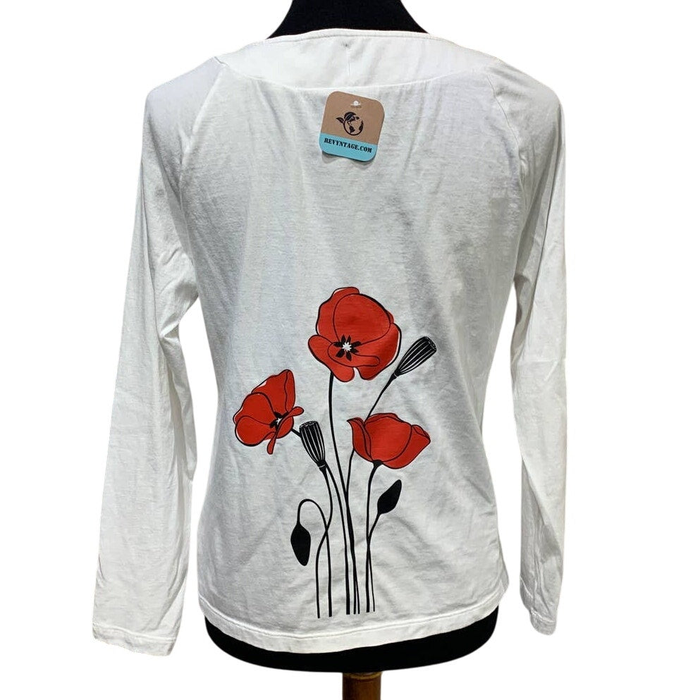 Hand Printed Upcycled Womens Petite Large Red Poppy Flower Pima Cotton T-Shirt