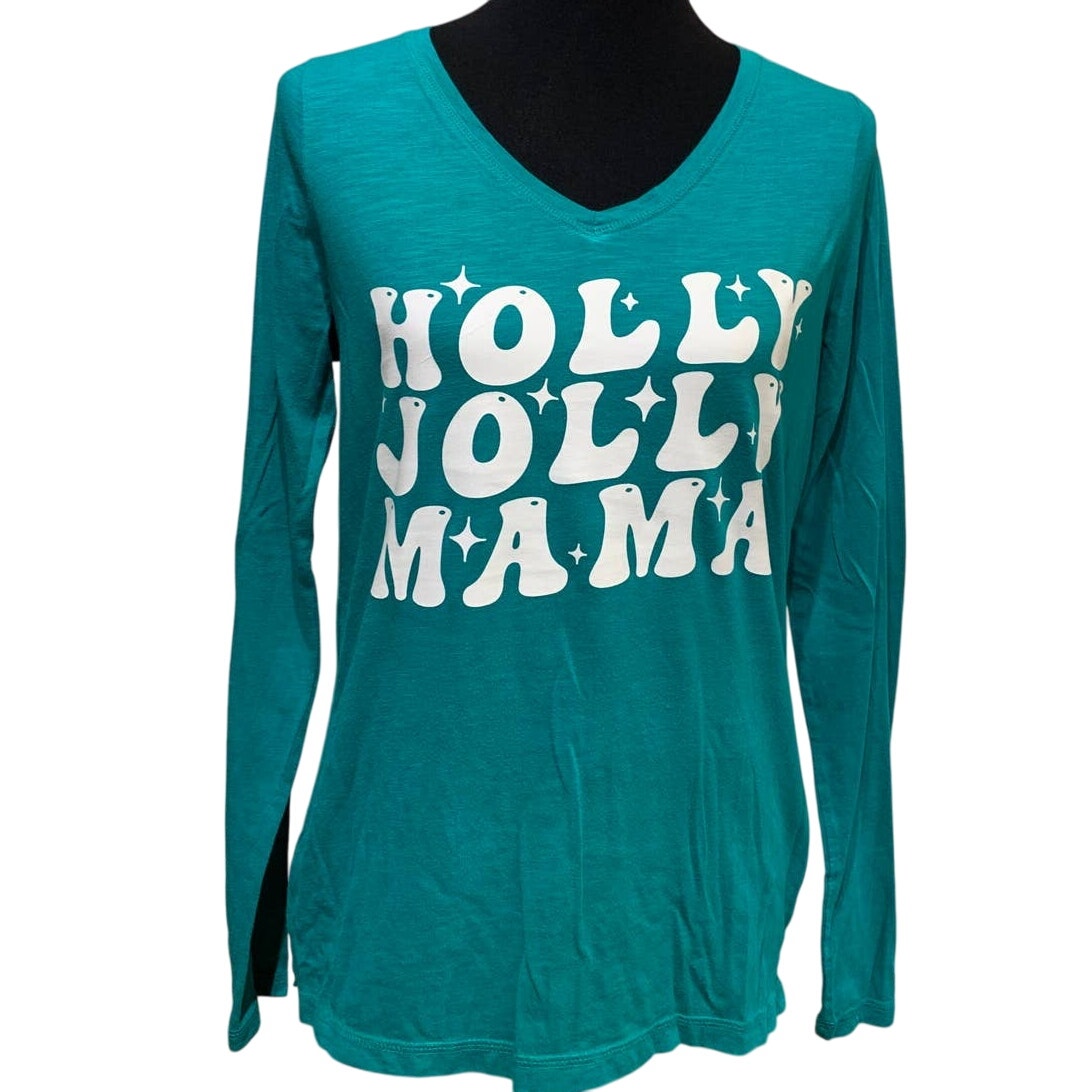 Upcycled Hand Printed Womens XL Christmas Holly Jolly Mama Long Sleeve Tee