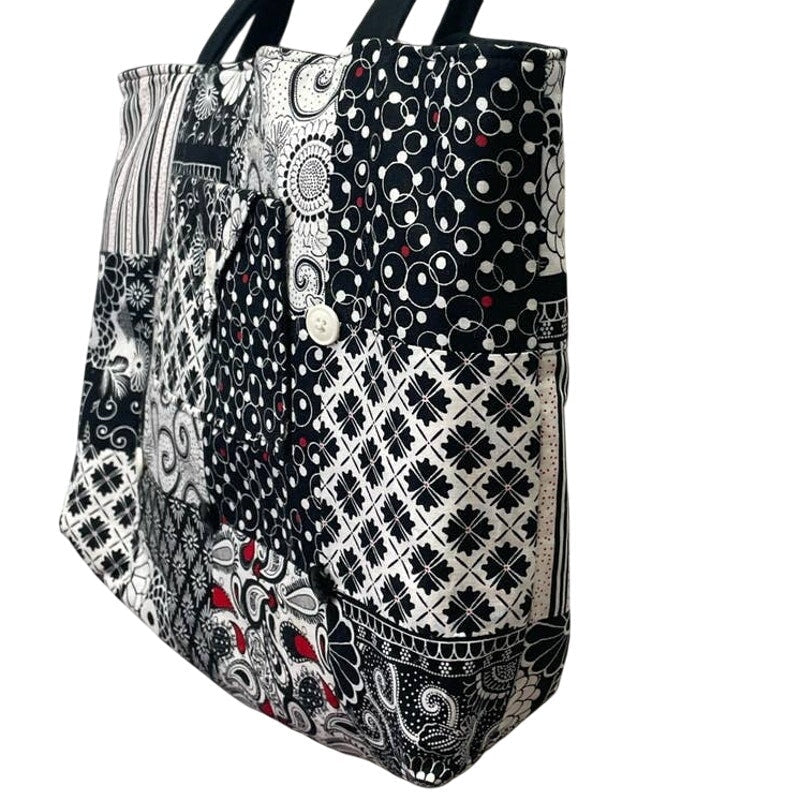Handmade Black White Patchwork Cotton Blend Double Handle Purse Tote Bag
