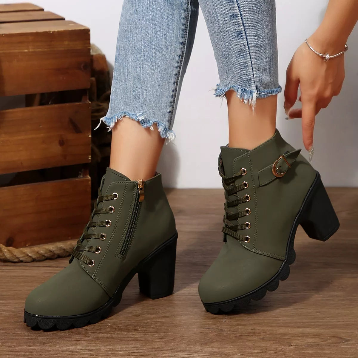 Lace Up Block Heels Boots