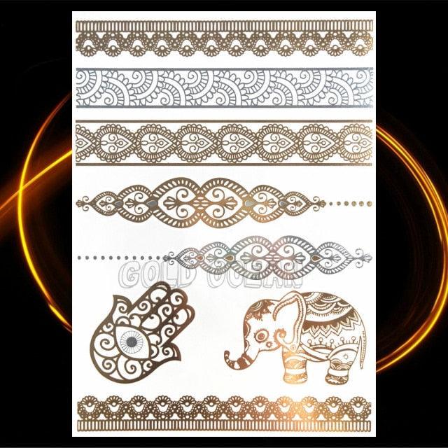1PC Gold Chain Bracelet Tattoo Sticker Summer Style Fake Jewelry Temporary Tattoo Waterproof Gold Sliver Glitter Body Face Tattoo For Womens