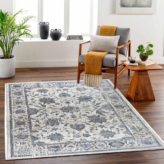 ROY's Home High&Low Area Rugs, Big Flower Vintage Lines Effect, Shiny Dark and Silver Effect-0