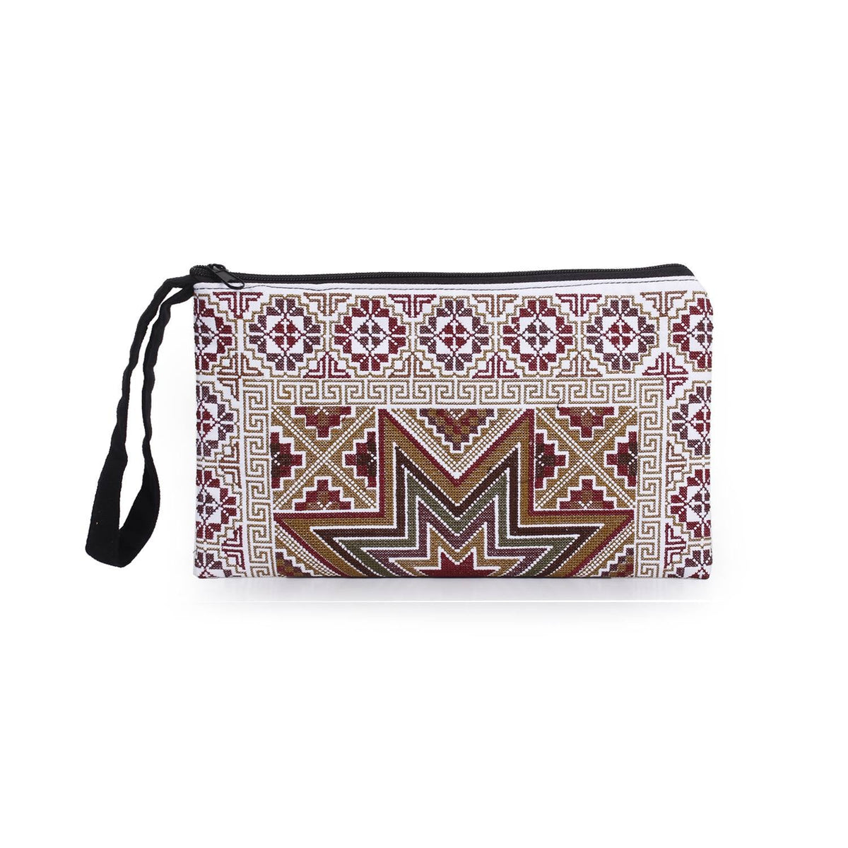A rectangular zippered pouch with a black wrist strap, featuring a detailed geometric and floral pattern in burgundy, beige, and brown on a white background.