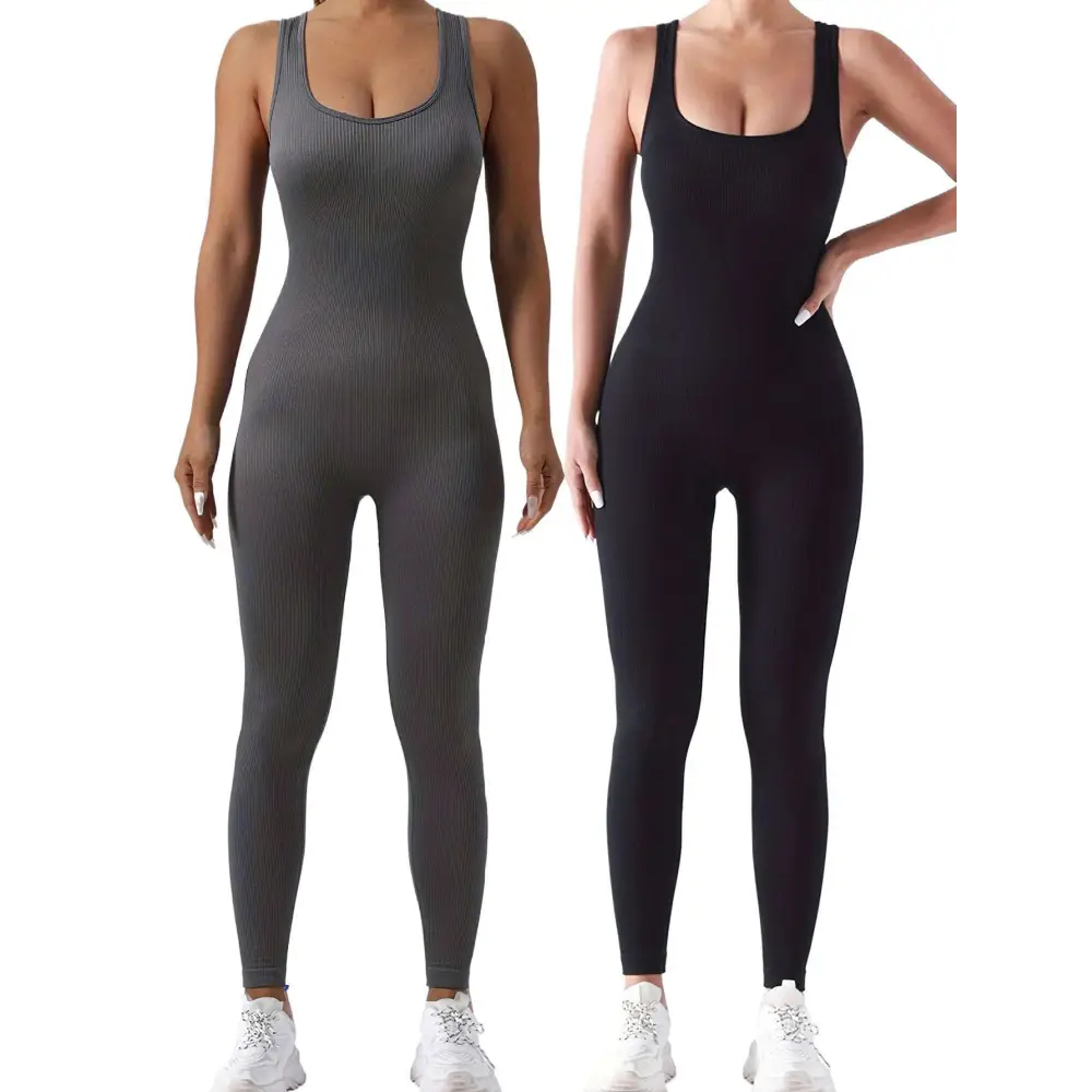 2 Pack Ribbed Solid Color Sport Casual Wear Jumpsuits