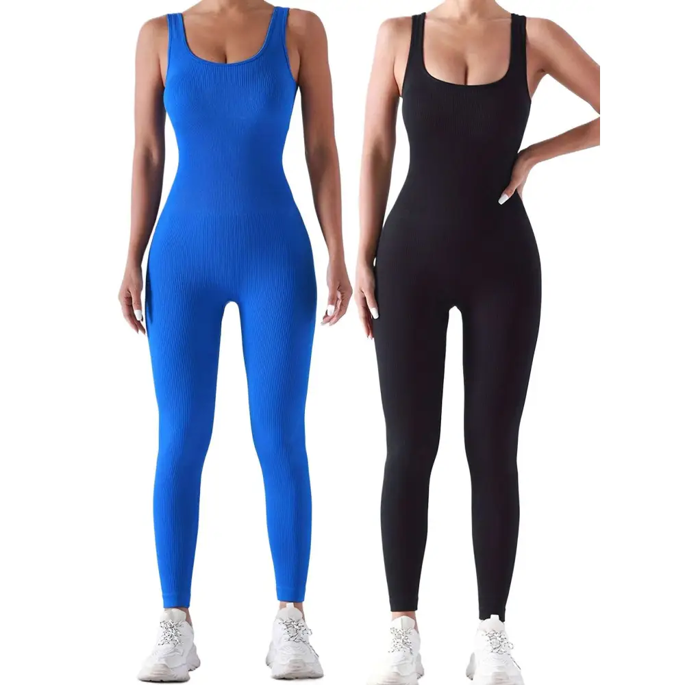 2 Pack Ribbed Solid Color Sport Casual Wear Jumpsuits