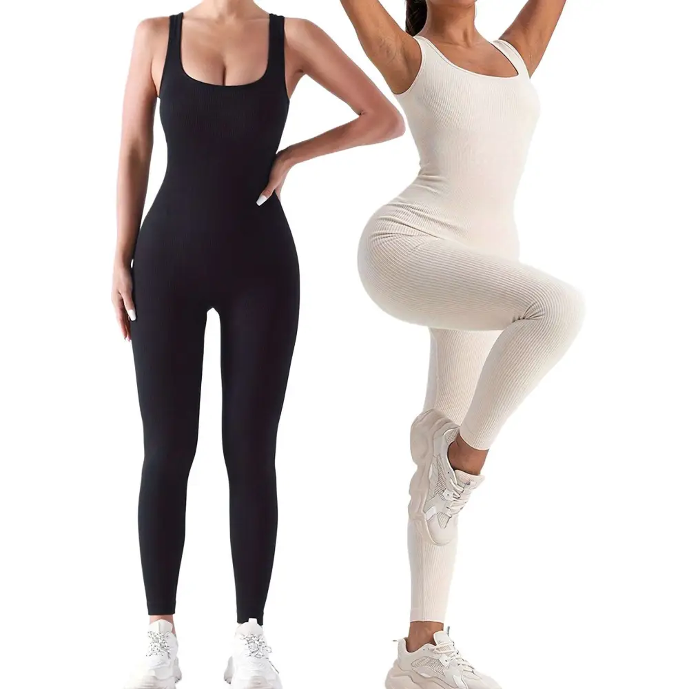 2 Pack Ribbed Solid Color Sport Casual Wear Jumpsuits