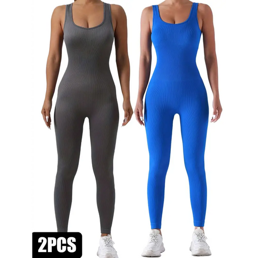 2 Pack Ribbed Solid Color Sport Casual Wear Jumpsuits