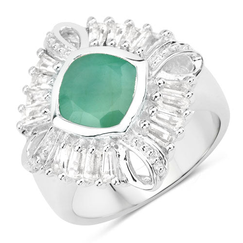 Silver ring with a green gemstone and diamond-like stones on a white background