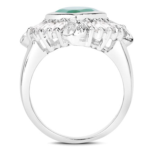 Elegant ring with a central emerald and diamond accents on a white background