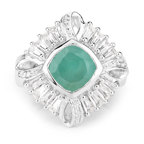 Silver ring with a green gemstone and diamond accents on a white background