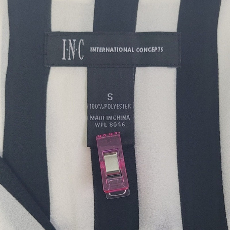 INC Womens Small 100% Polyester 3/4 Bell Sleeve Faux Wrap Striped Sheer Blouse