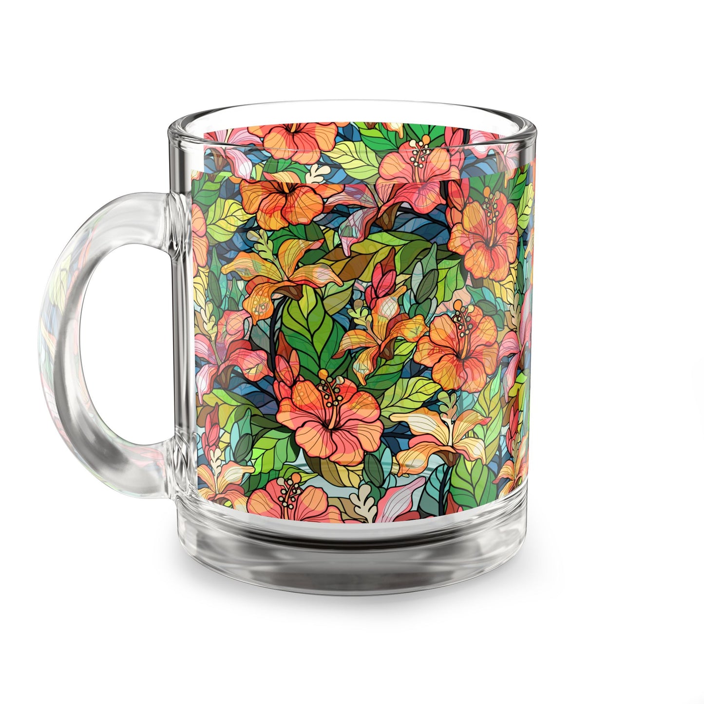 Multicolor Hibiscus Floral Print Stained Glass Mug, 10oz Glass Mug