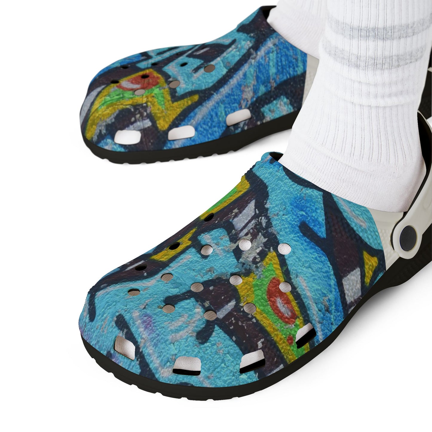 Graffiti Painted Cityscape EVA Clogs — Artistic Blue Graphic Foam Slip‑Ons