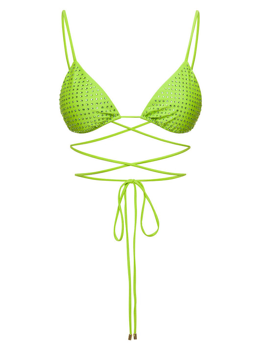 Self-Portrait Women Bikini Top With All-Over Crystal Embellishment In Green Polyamide Woman