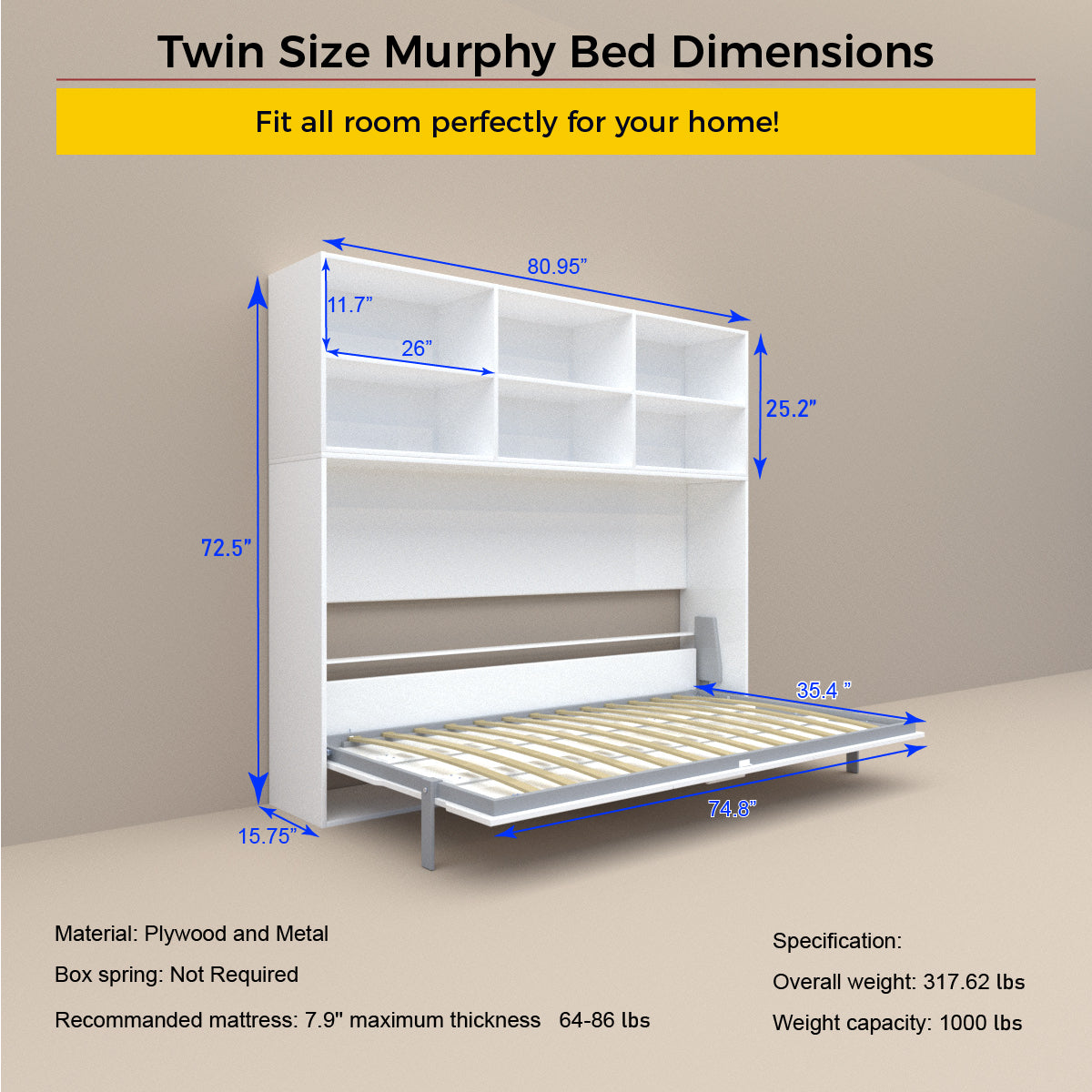Modern Design Twin Size Horizontal Murphy Bed with Shelf Storage