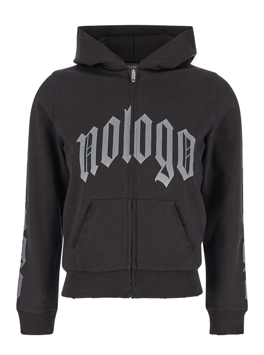Balenciaga Women Black Zip-Up Hoodie With No Logo Gothic Print In Jersey Woman