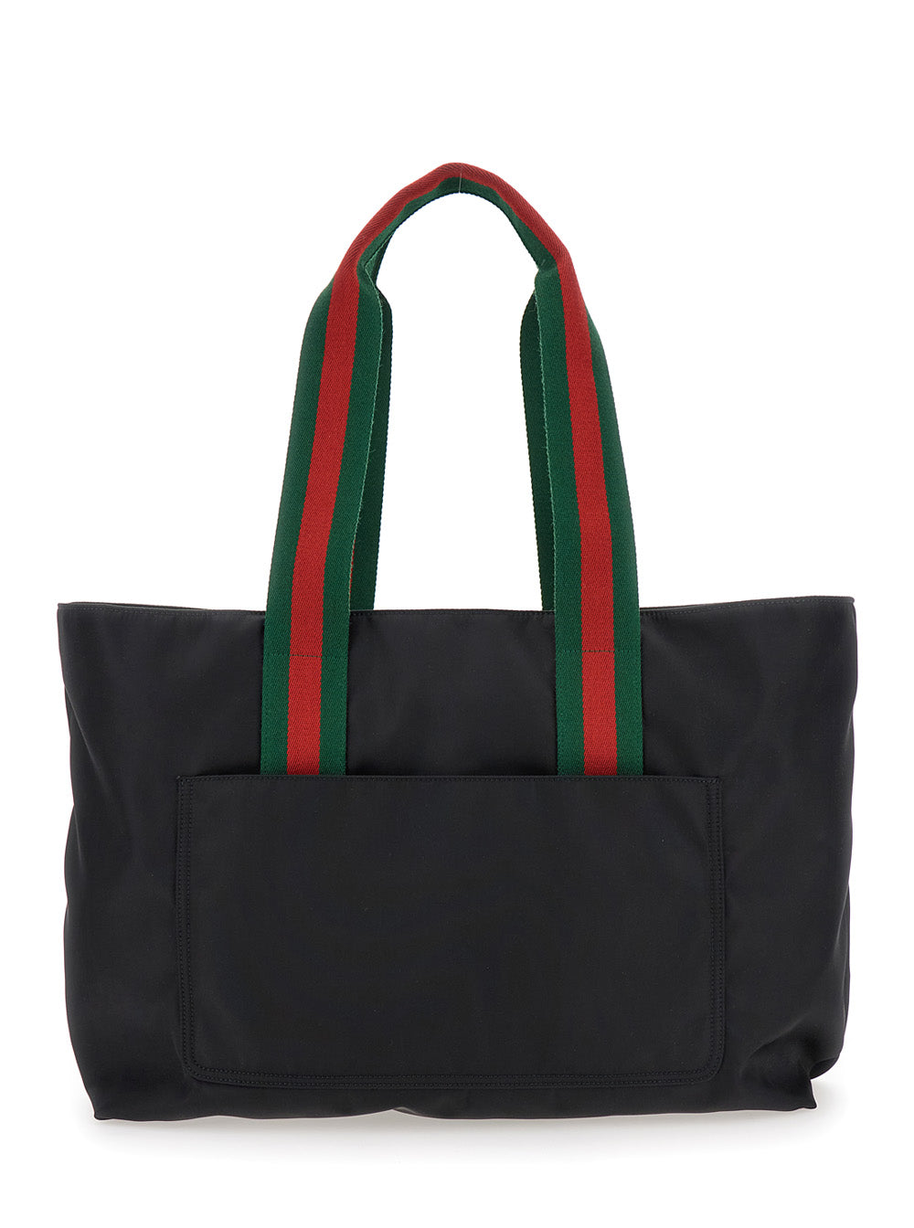 Gucci Men Black Tote Bag With Web Handles And Logo Lettering On The Front In Tech Fabric Man