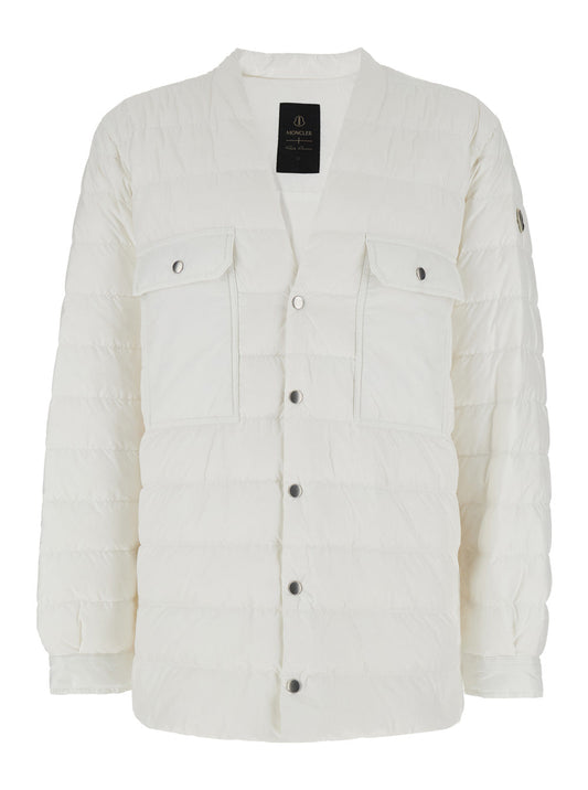 Rick Owens X Moncler Men White Down Jacket With Logo Patch On The Sleeve And Snap Buttons In Tech Fabric Man
