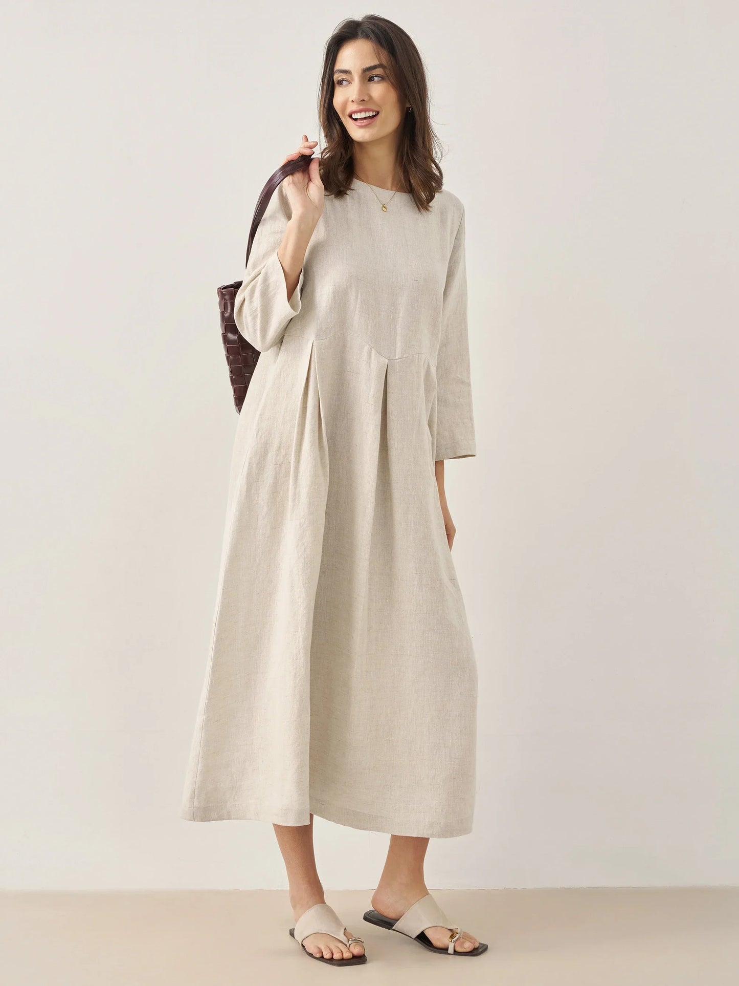 100% Linen Bateau Neck Pleated Midi Dress ABIGAIL