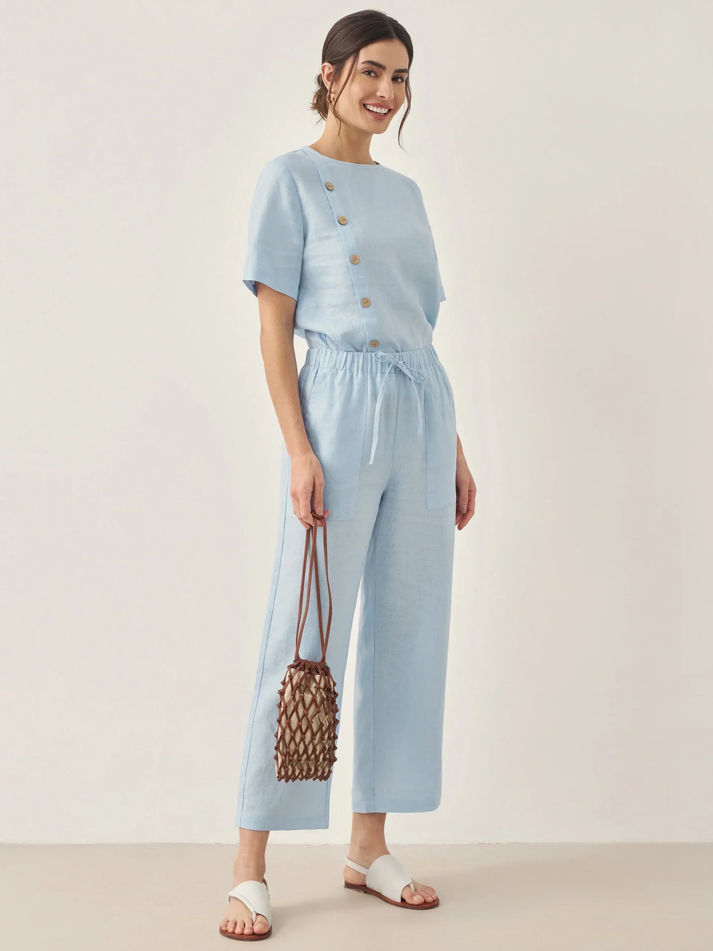 100% Linen Straight-Leg Drawstring Pants JOSIE