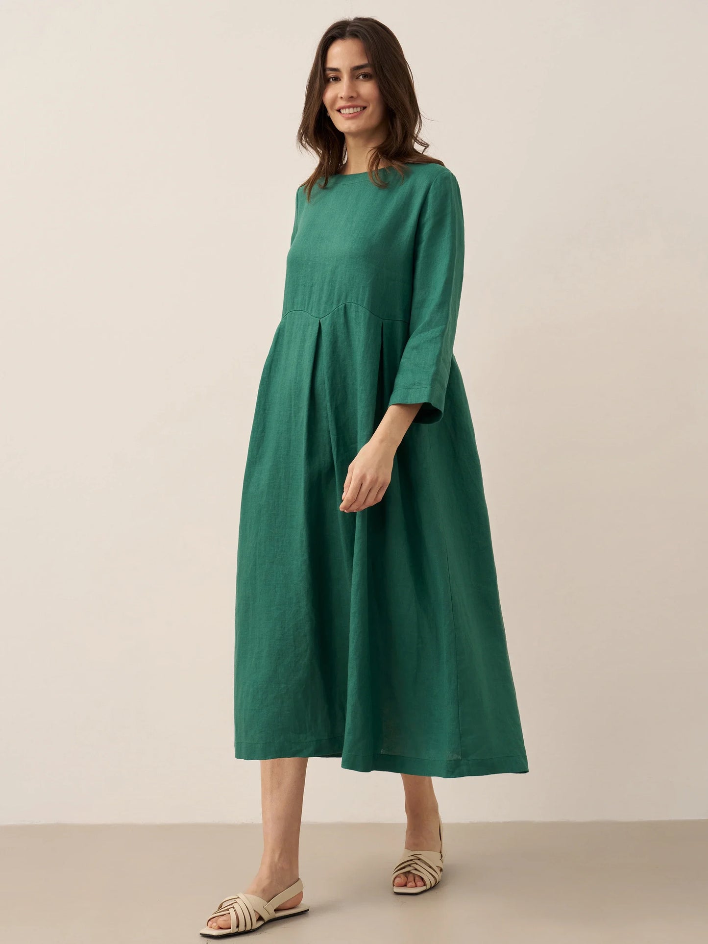 100% Linen Bateau Neck Pleated Midi Dress ABIGAIL