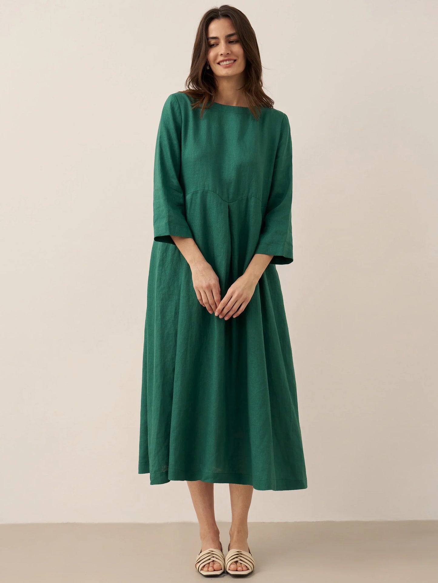 100% Linen Bateau Neck Pleated Midi Dress