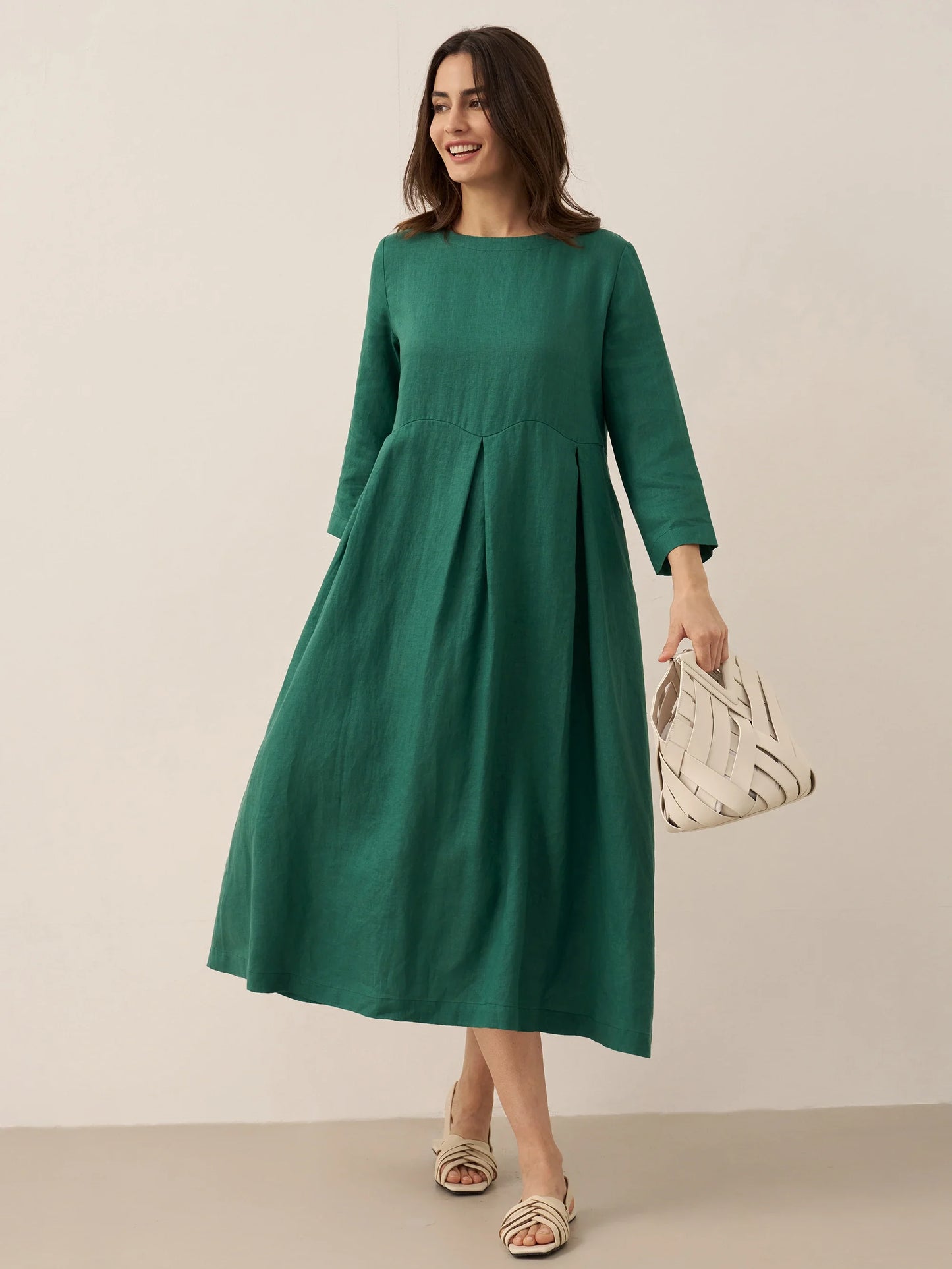 100% Linen Bateau Neck Pleated Midi Dress