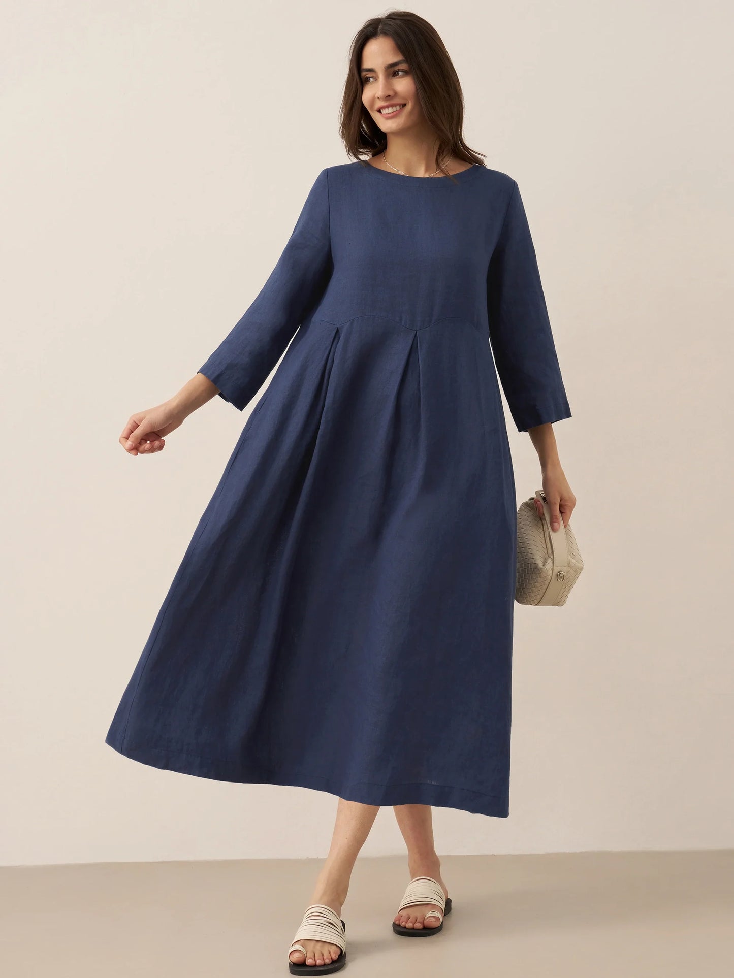100% Linen Bateau Neck Pleated Midi Dress ABIGAIL