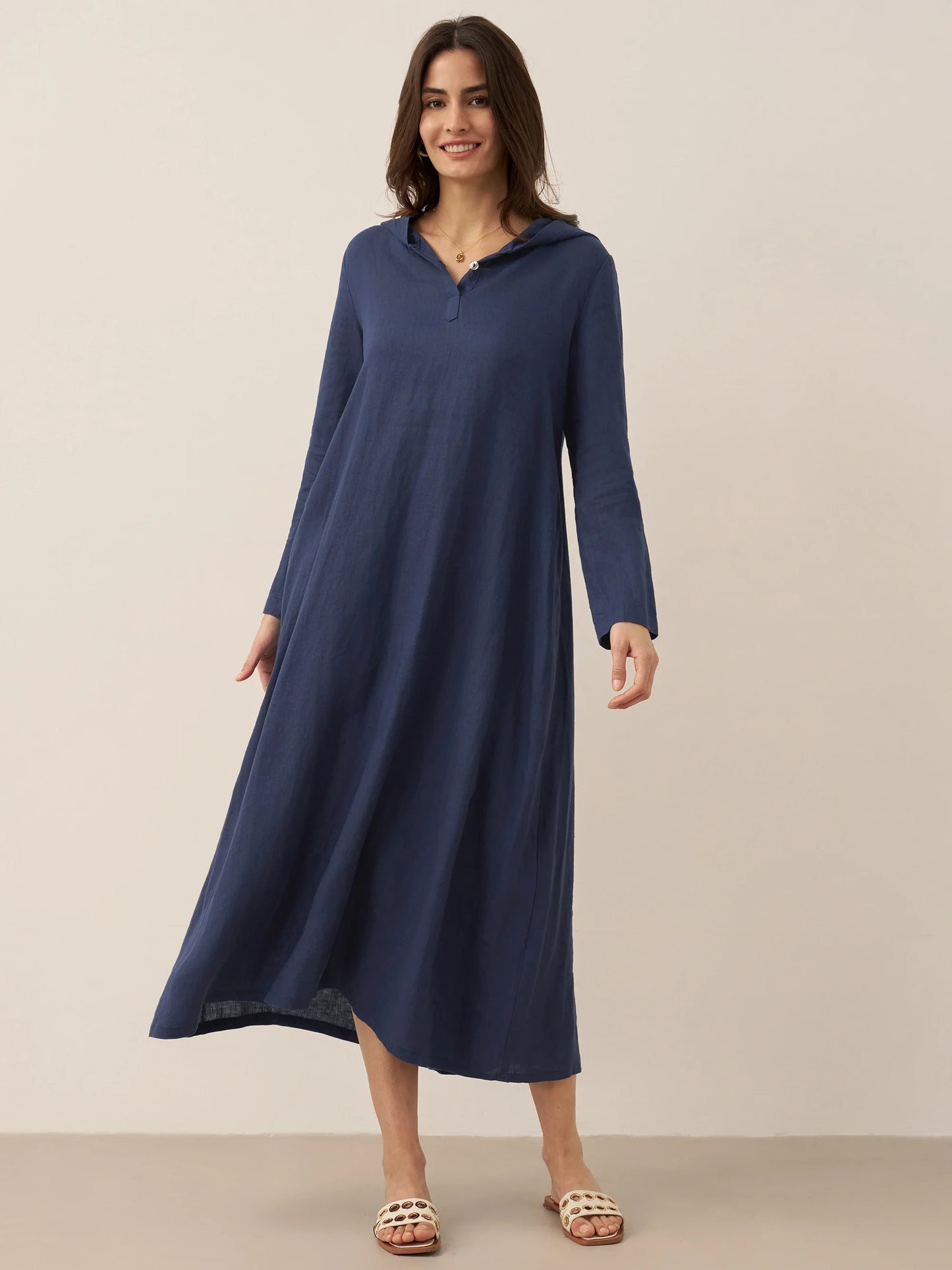 100% Linen Hooded Pullover Midi Dress REBECCA