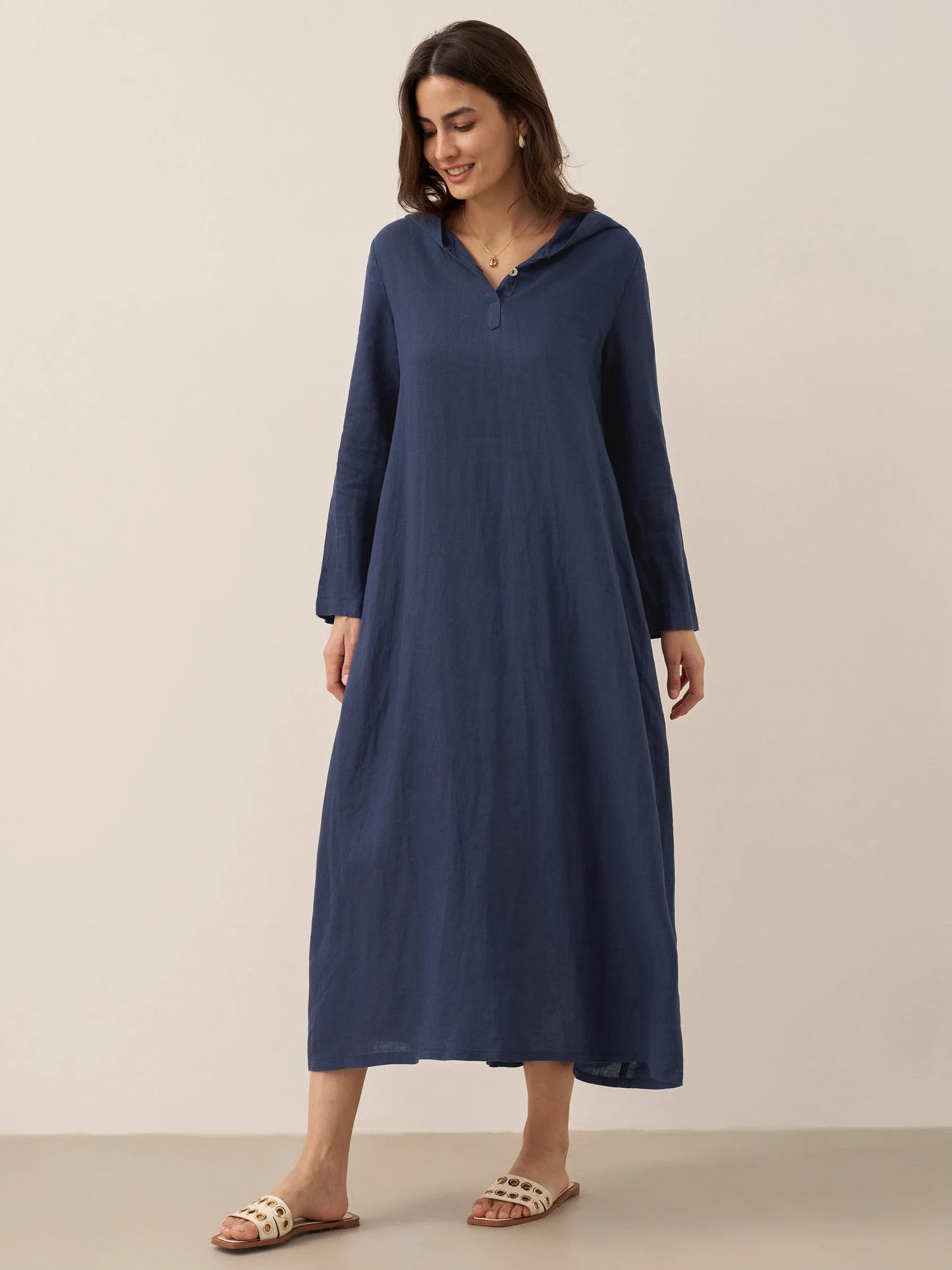 100% Linen Hooded Pullover Midi Dress REBECCA