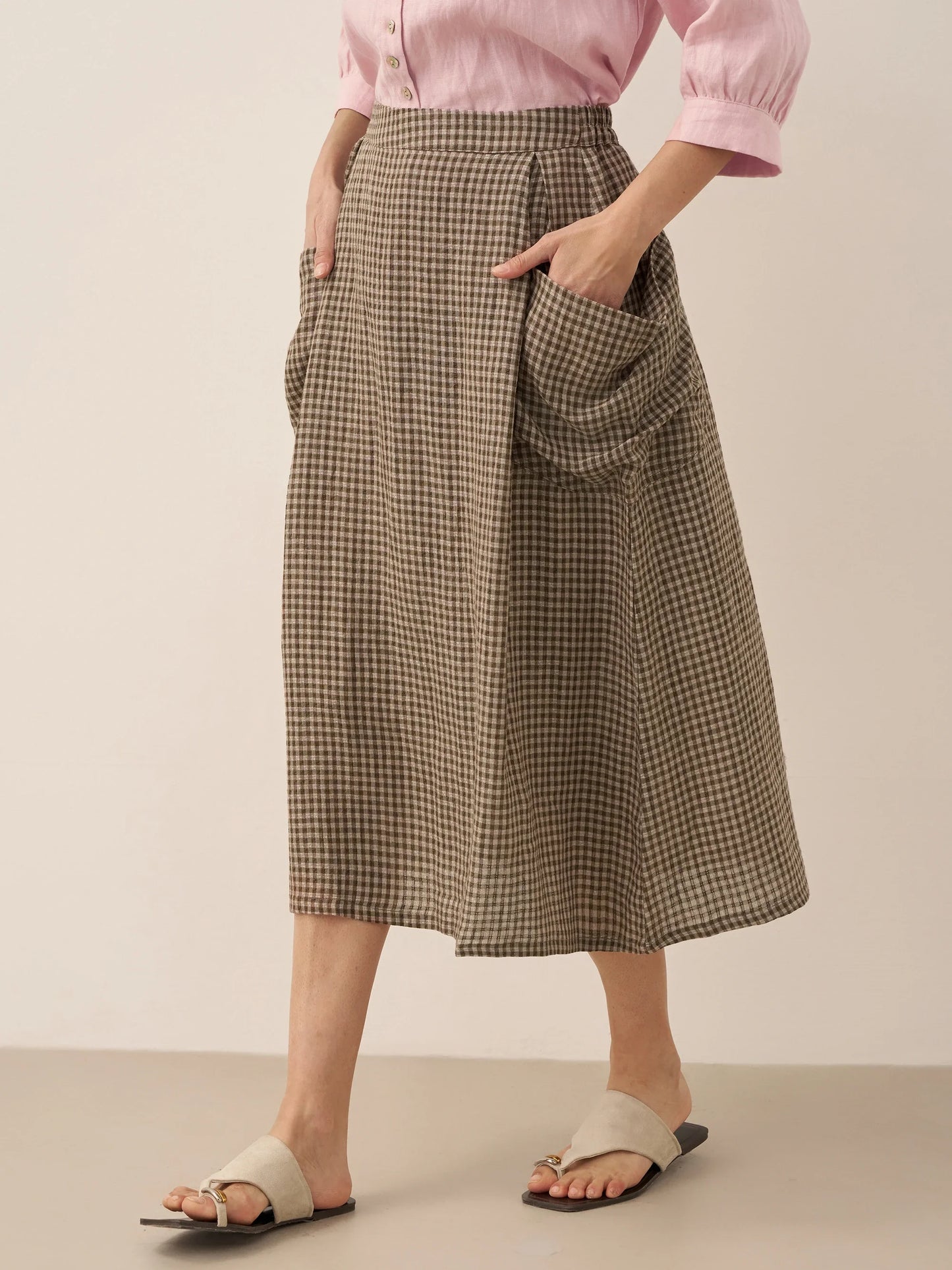 Linen Checked Elastic Waist Skirt MARINA