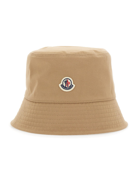 Moncler Women Beige Bucket Hat With Dropped Wide Brim And Logo Patch On The Front In Cotton Blend Woman