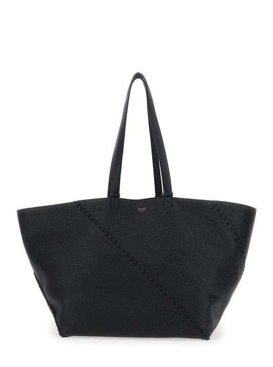 Fendi Men 'Selleria' Black Shopper With Logo On The Front And Removable Pouch In Hammered Leather Man