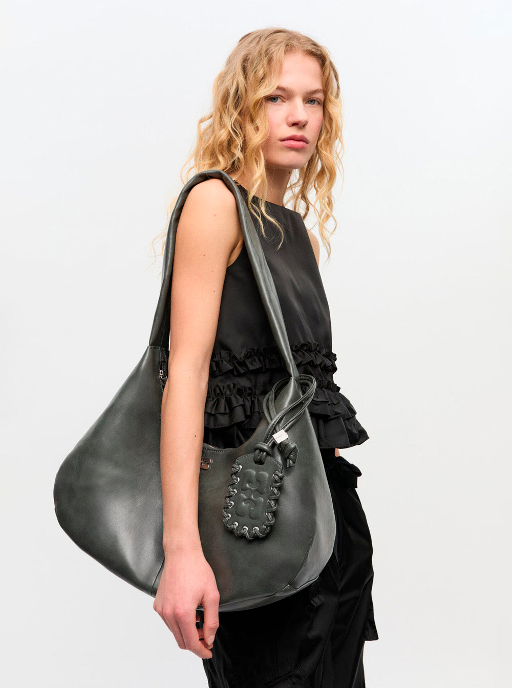 Ganni Women 'Bou' Black Medium Shoulder Bag With Single Shoulder Strap And Tonal Logo Plaque On The Front In Leather Woman