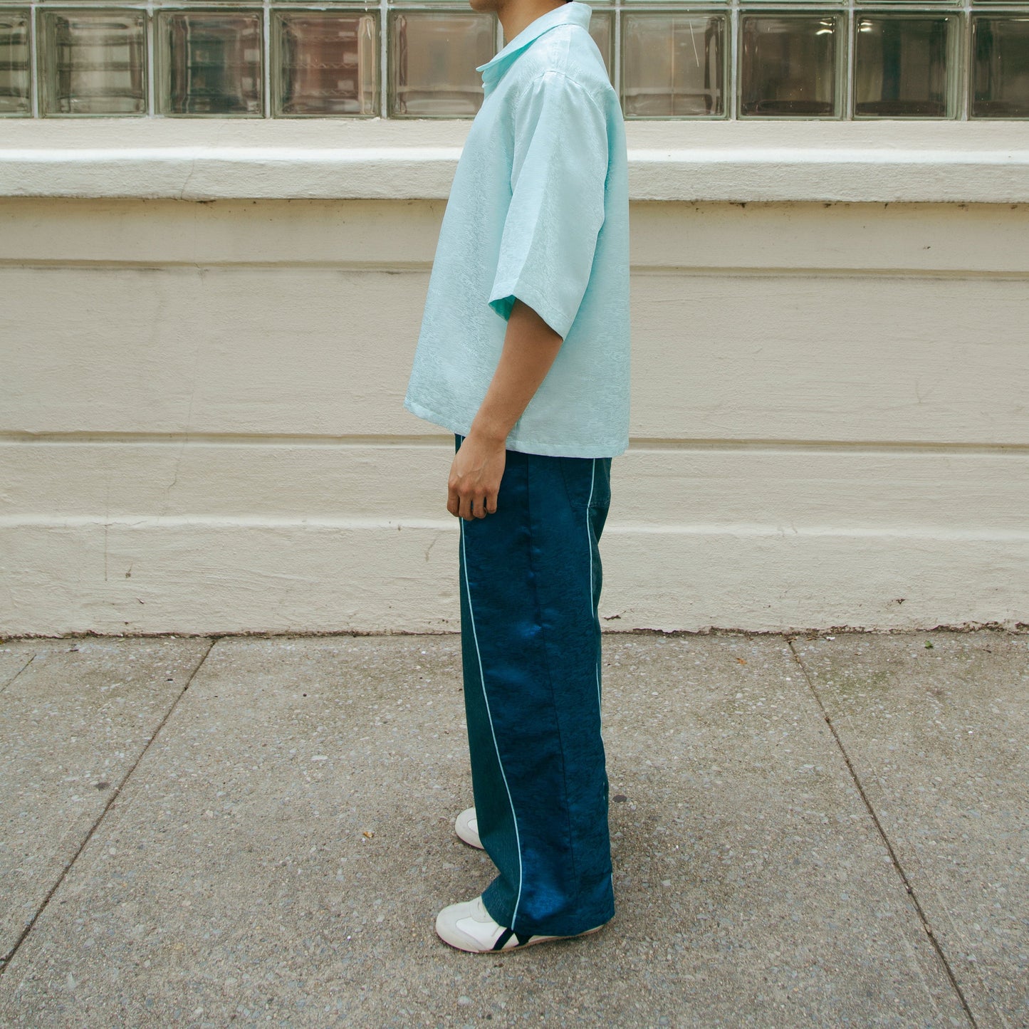 Dori Brocade Straight Collar Shirt Jade Blue