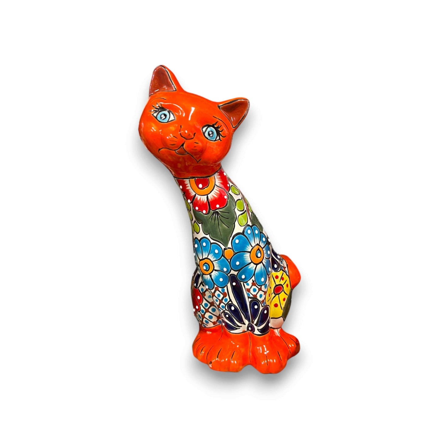 Talavera Curious Cat Statue | Handcrafted Mexican Folk Art Cat Figurine