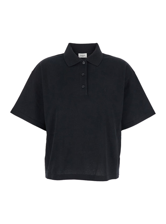 Saint Laurent Women Black Oversize Polo Shirt With Classic Collar And Tonal Logo Embroidery On The Front In Cotton Piquet Woman