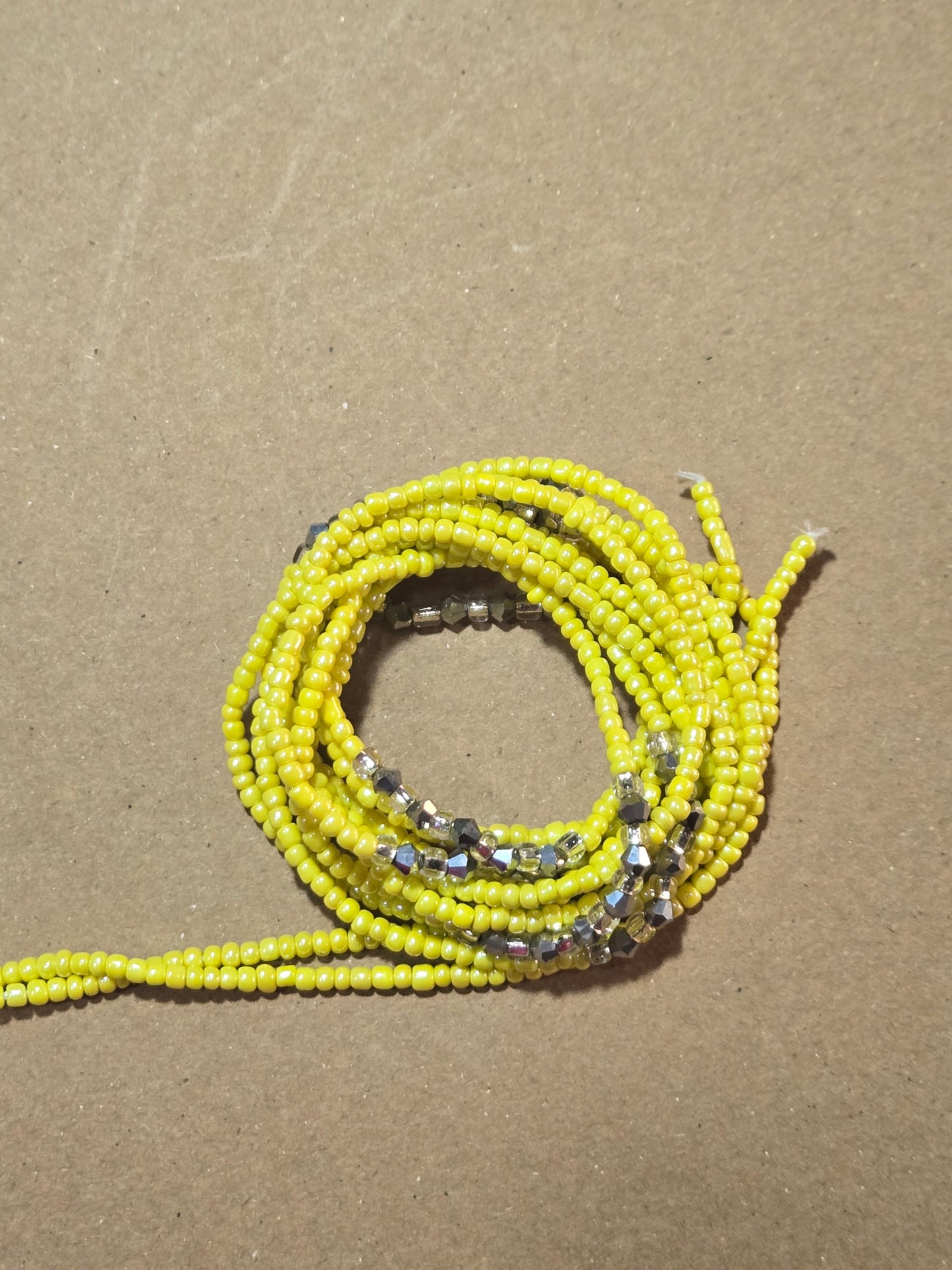 Yellow Waist Beads with Silver Crystals – Handmade African Tie-On