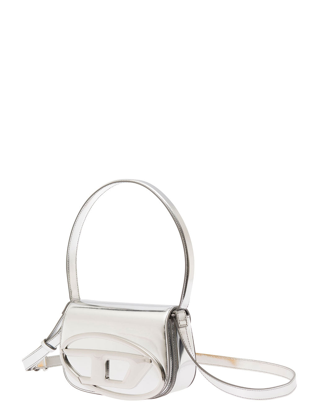 Diesel Women Shoulder Bag '1Dr' With Oval D Patch In Silver Laminated Leather For Women