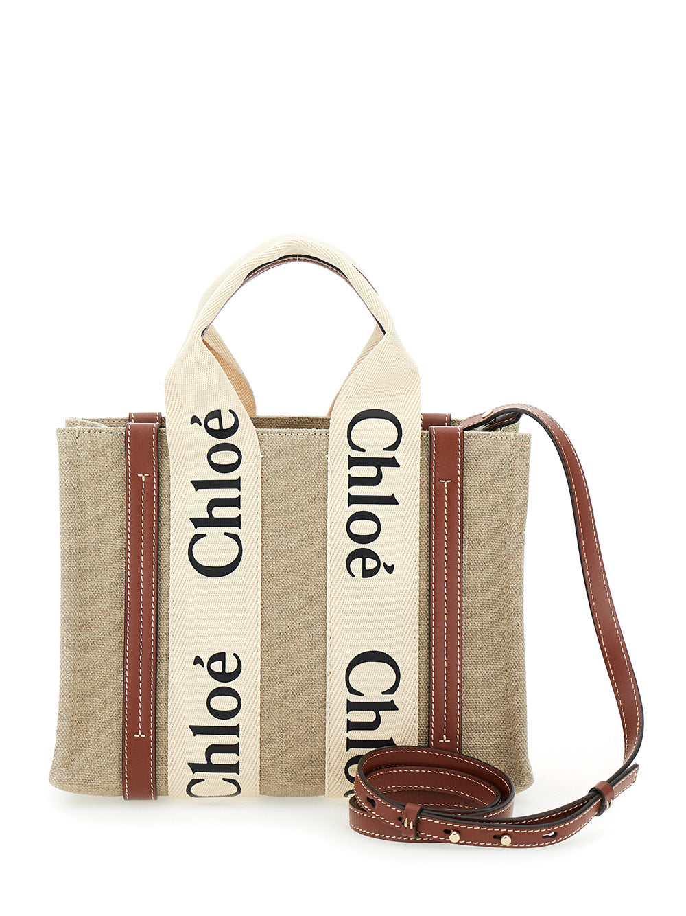 Chloé Women Beige 'Woody' Tote Bag With Logoed Ribbons In Canvas And Leather For Women