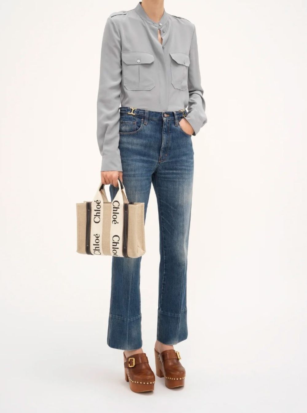 Chloé Women Beige 'Woody' Handbag With Shoulder Strap And Ribbon In Leather And Linen For Women