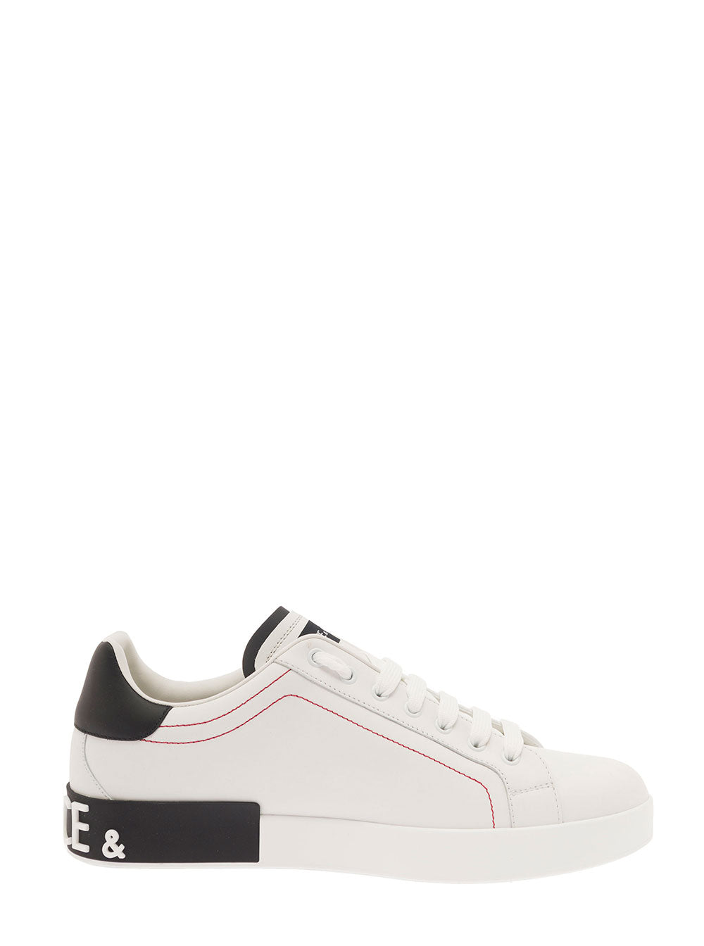 Dolce & Gabbana Men 'Portofino' White Low Sneakers With Applied Logo And Contrasting Stitching In Smooth Leather For Men