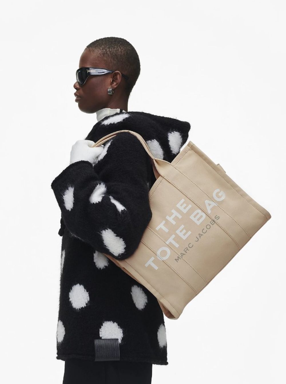 Marc Jacobs Women Shoulder Bag 'The Large Tote' With Contrast Logo Print In Beige Cotton For Women