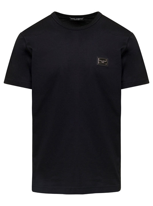 Dolce & Gabbana Men Black T-Shirt With Logo Tag On The Front In Cotton For Men