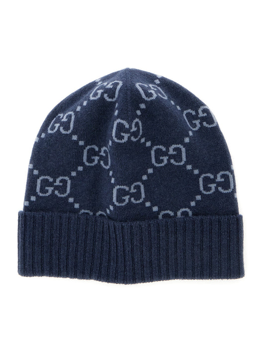 Gucci Men Hat "Gg All-Over" Blue With Cashmere Cuff For Men