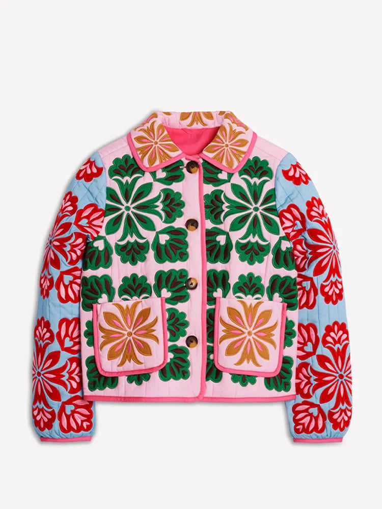 Colorful floral-patterned jacket on a white background