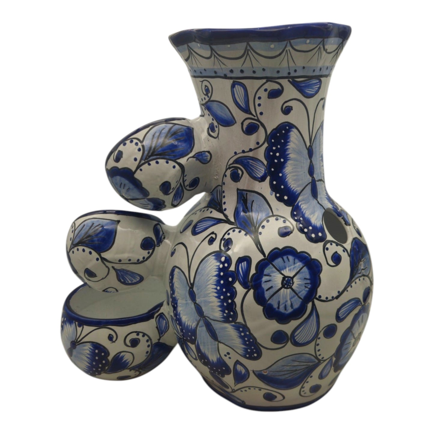 Blue & White Talavera Fountain | Handcrafted Floral Butterfly