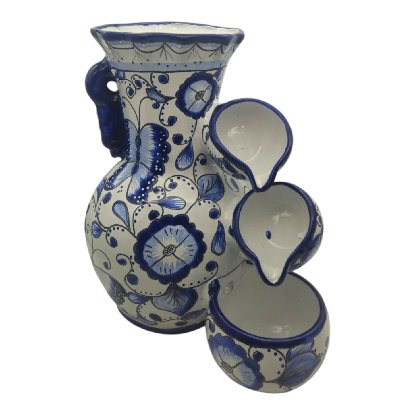 Blue & White Talavera Fountain | Handcrafted Floral Butterfly