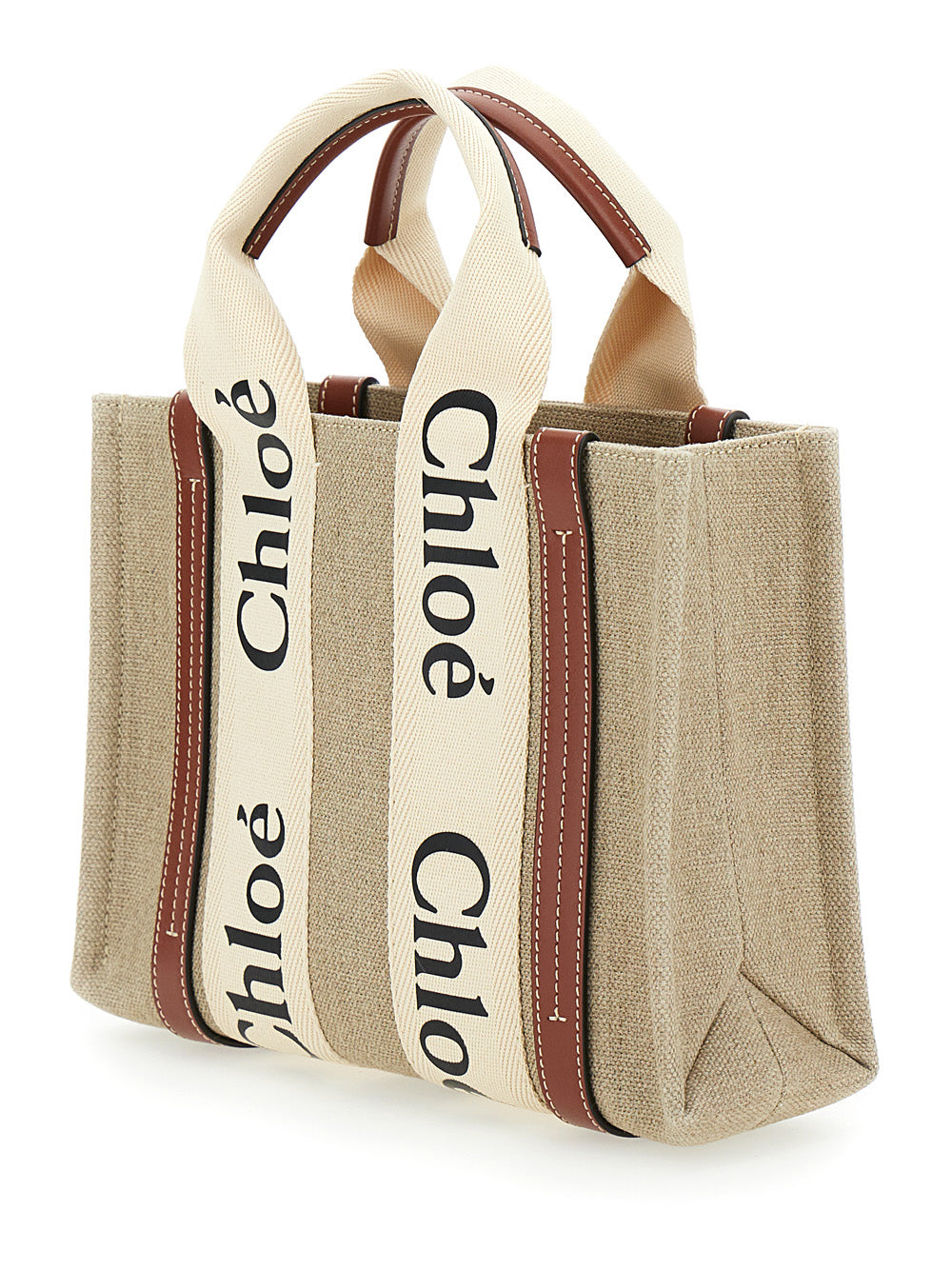 Chloé Women Beige 'Woody' Tote Bag With Logoed Ribbons In Canvas And Leather For Women